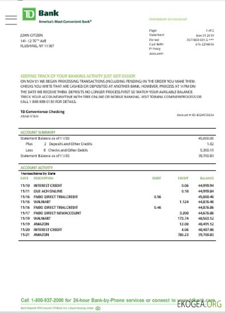 Modèle de relevé bancaire USA TD, format Word et PDF (.doc et .pdf)